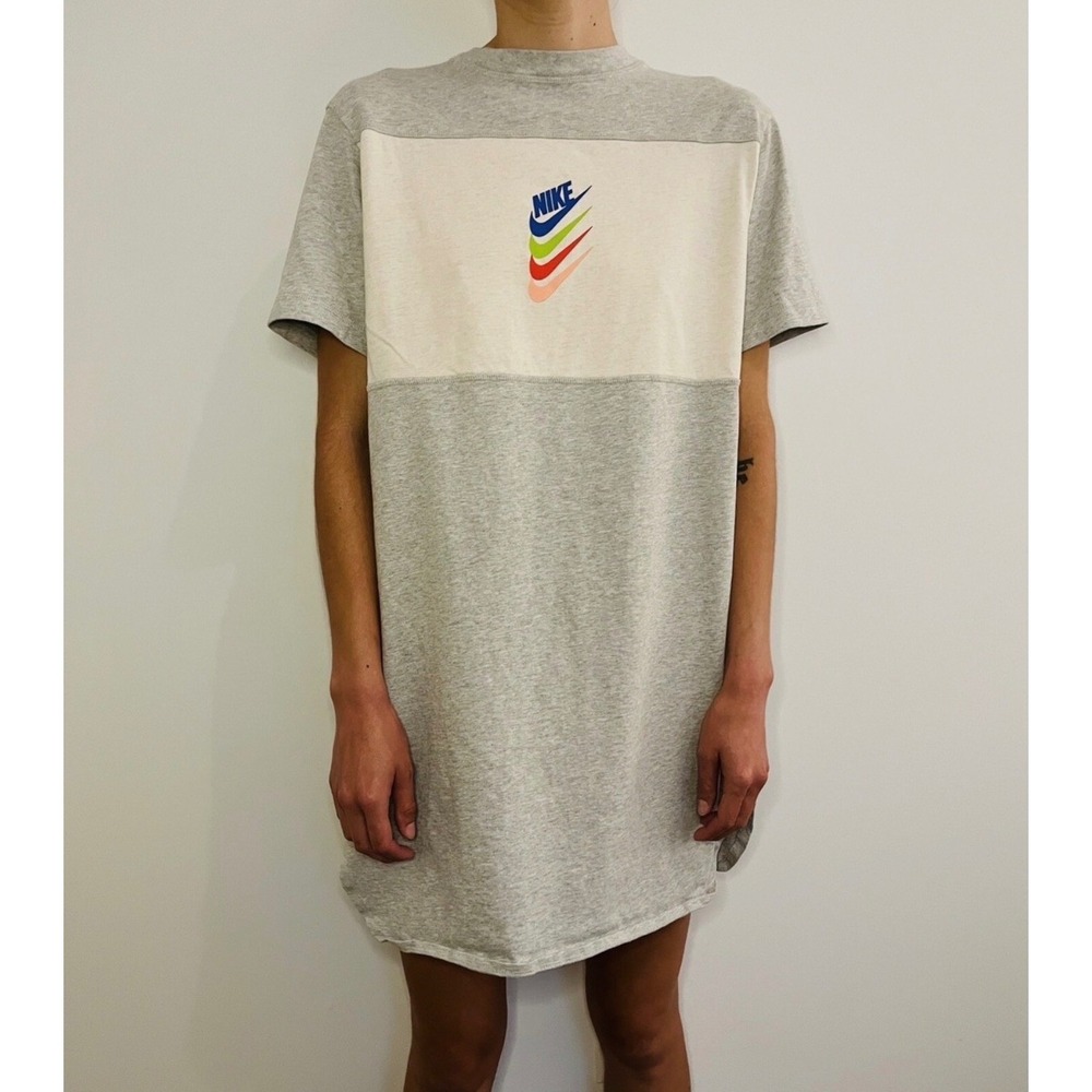 Nike Women's Graphic Logo‎ Shirt Dress Size S Grey Colorful Center Swoosh Gym